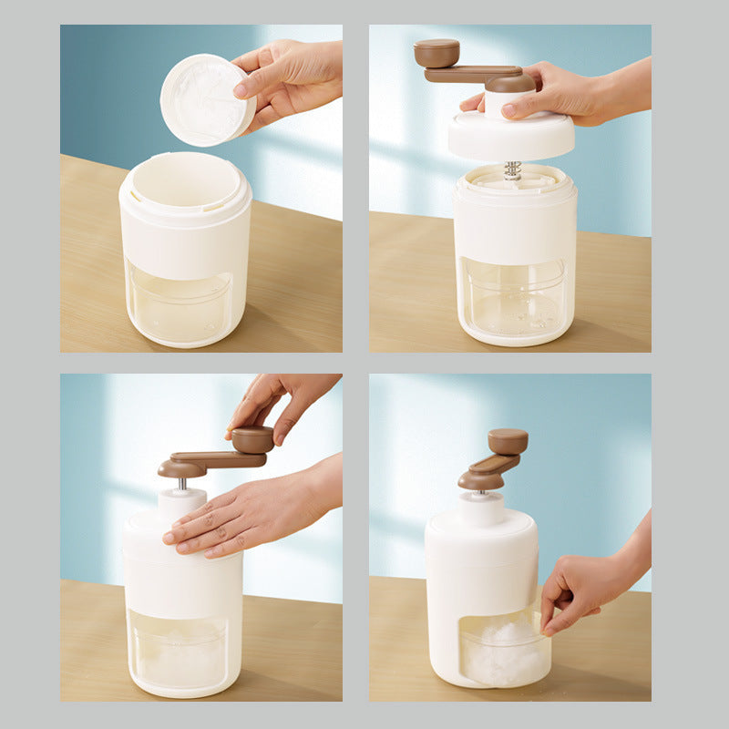 Charchi stainless steel ice crusher with white base and brown handle being used to crush ice manually
