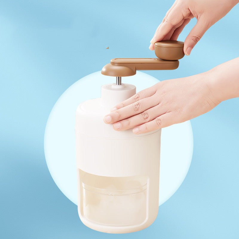 Charchi stainless steel ice crusher with hand crank crushing ice in a white container