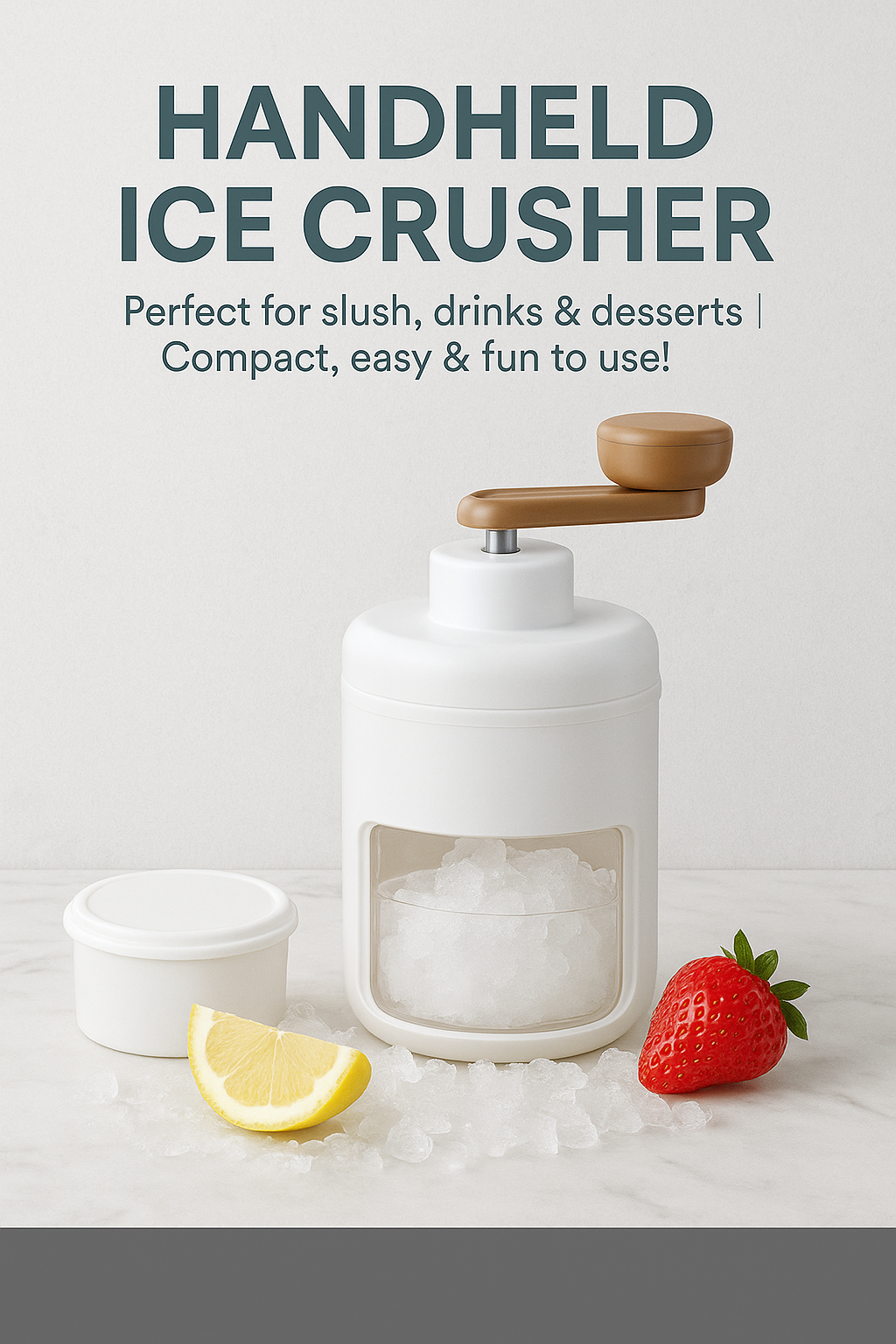 Charchi handheld stainless steel ice crusher with wooden handle and ice in container next to lemon and strawberry