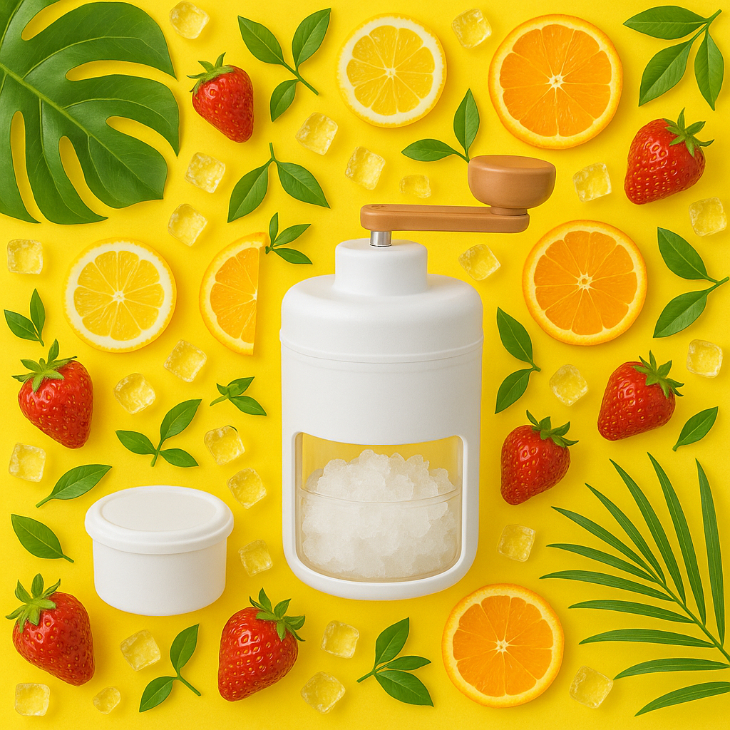 Charchi stainless steel ice crusher with hand crank and ice container surrounded by fruit on yellow background