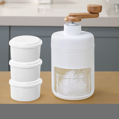 Charchi stainless steel ice crusher with wooden handle and three white storage containers on kitchen counter